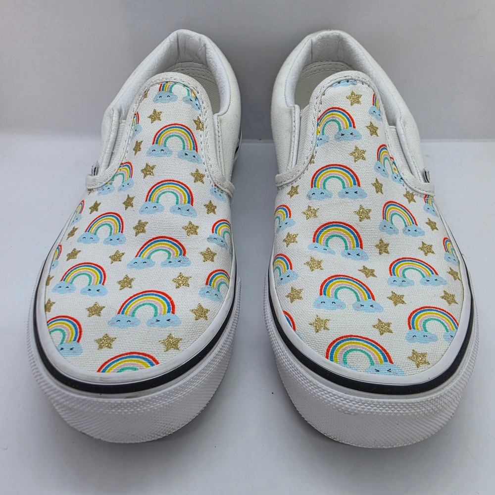 Vans‎ Kids Classic Slip-On Rainbow Star Glitter White Canvas Shoes Size 2.5 Kids - Picture 2 of 12